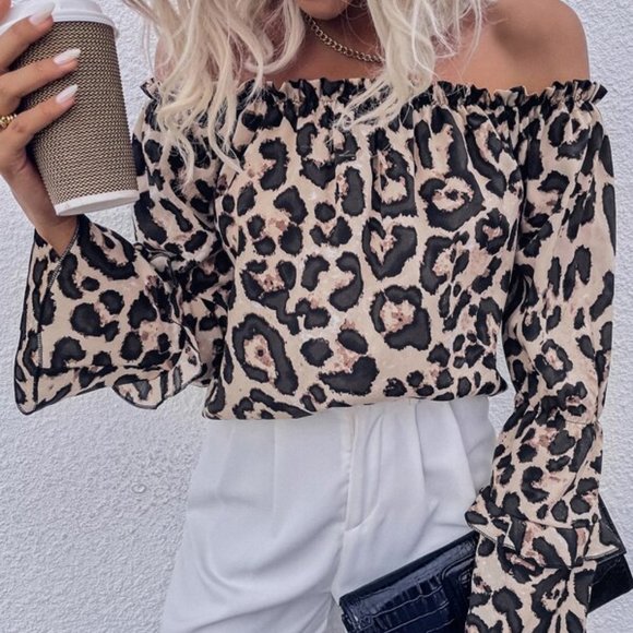 MODA ME COUTURE Tops - Leopard Print Off the Shoulder Blouse top